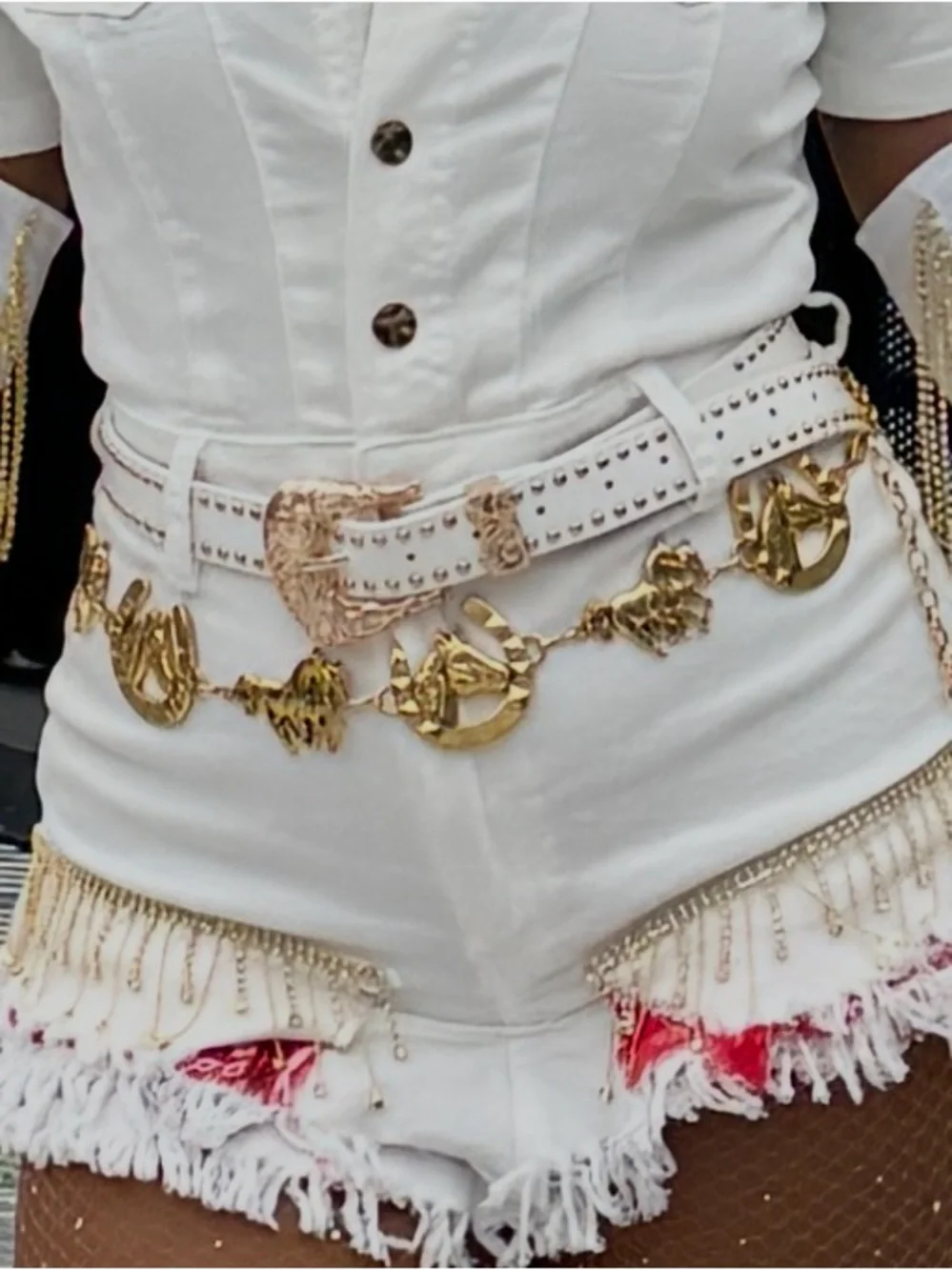 White Studded Faux Leather Belt with Ornate Gold Buckle